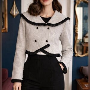 Imituan Korean Gray Cropped Knit Jacket Fringe Sailor Collar S